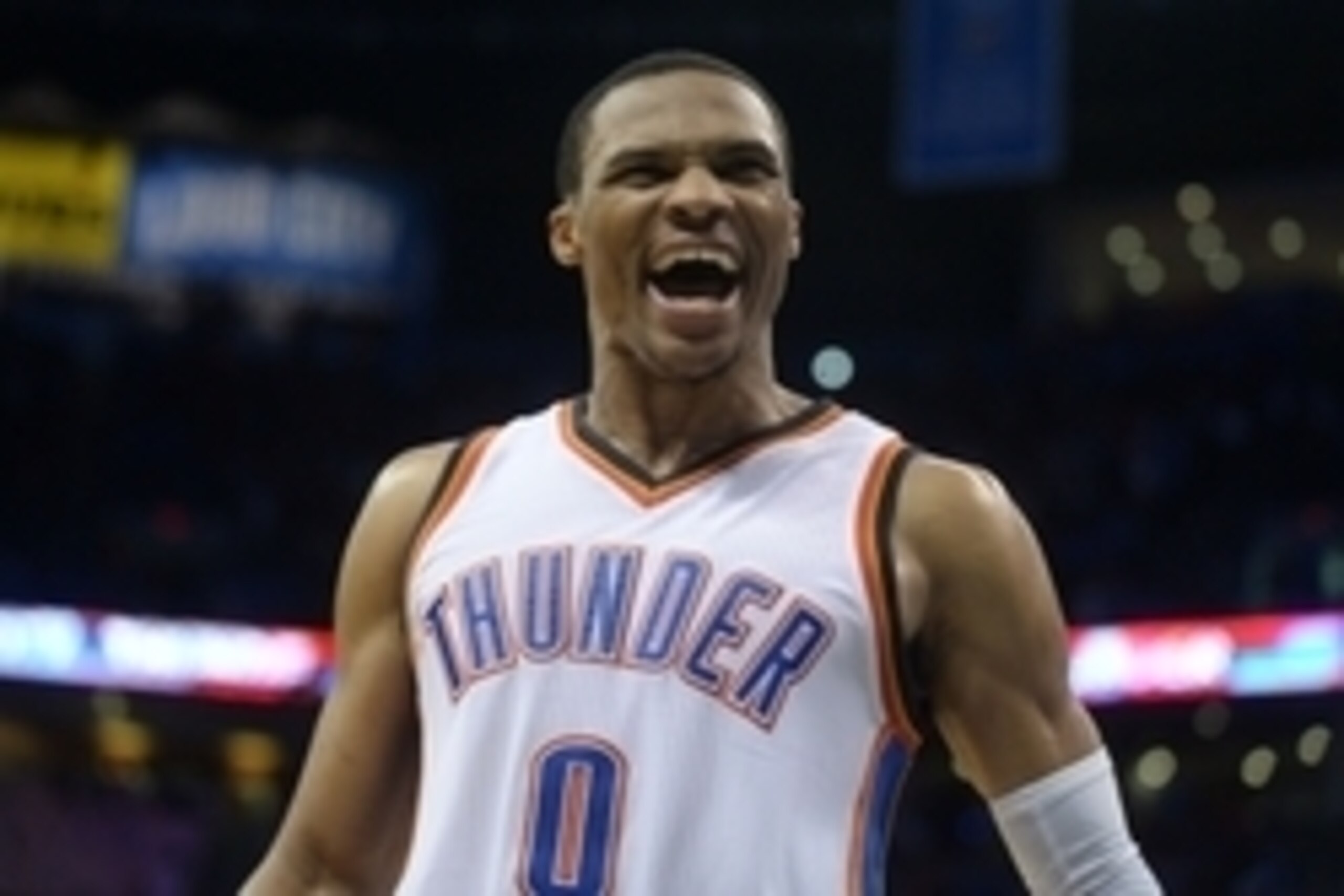 Oct 28, 2016; Oklahoma City, OK, USA; Oklahoma City Thunder guard Russell Westbrook (0) reacts after defeating the Phoenix Suns 113-110 in overtime at Chesapeake Energy Arena. Mandatory Credit: Mark D. Smith-USA TODAY Sports