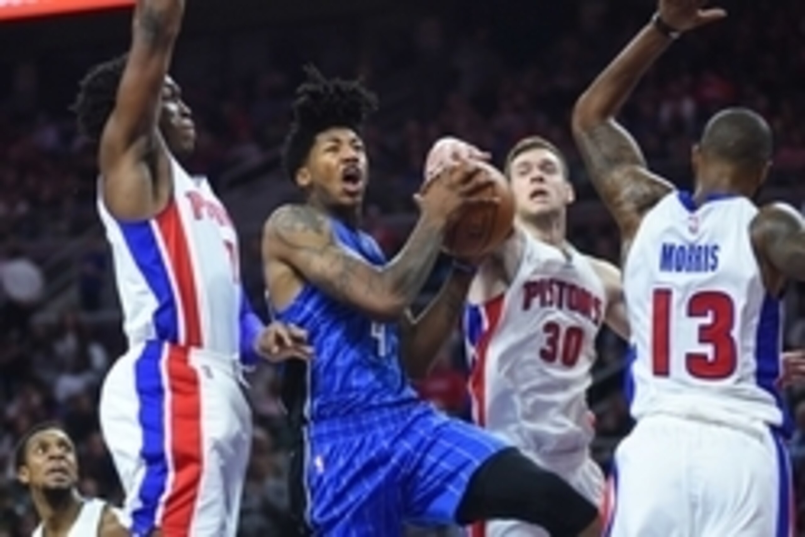 Oct 28, 2016; Auburn Hills, MI, USA; Orlando Magic guard Elfrid Payton (4) goes to the basket against the Detroit Pistons during the second quarter at The Palace of Auburn Hills. Mandatory Credit: Tim Fuller-USA TODAY Sports