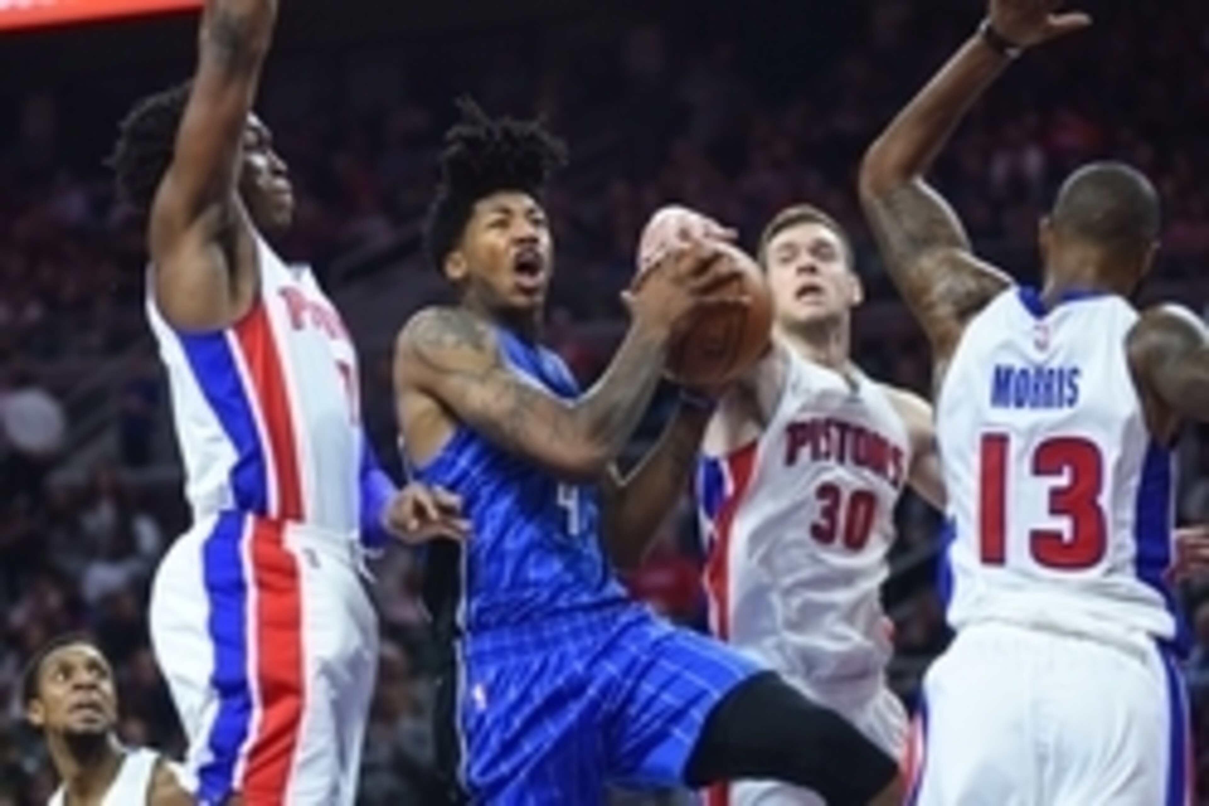 Oct 28, 2016; Auburn Hills, MI, USA; Orlando Magic guard Elfrid Payton (4) goes to the basket against the Detroit Pistons during the second quarter at The Palace of Auburn Hills. Mandatory Credit: Tim Fuller-USA TODAY Sports