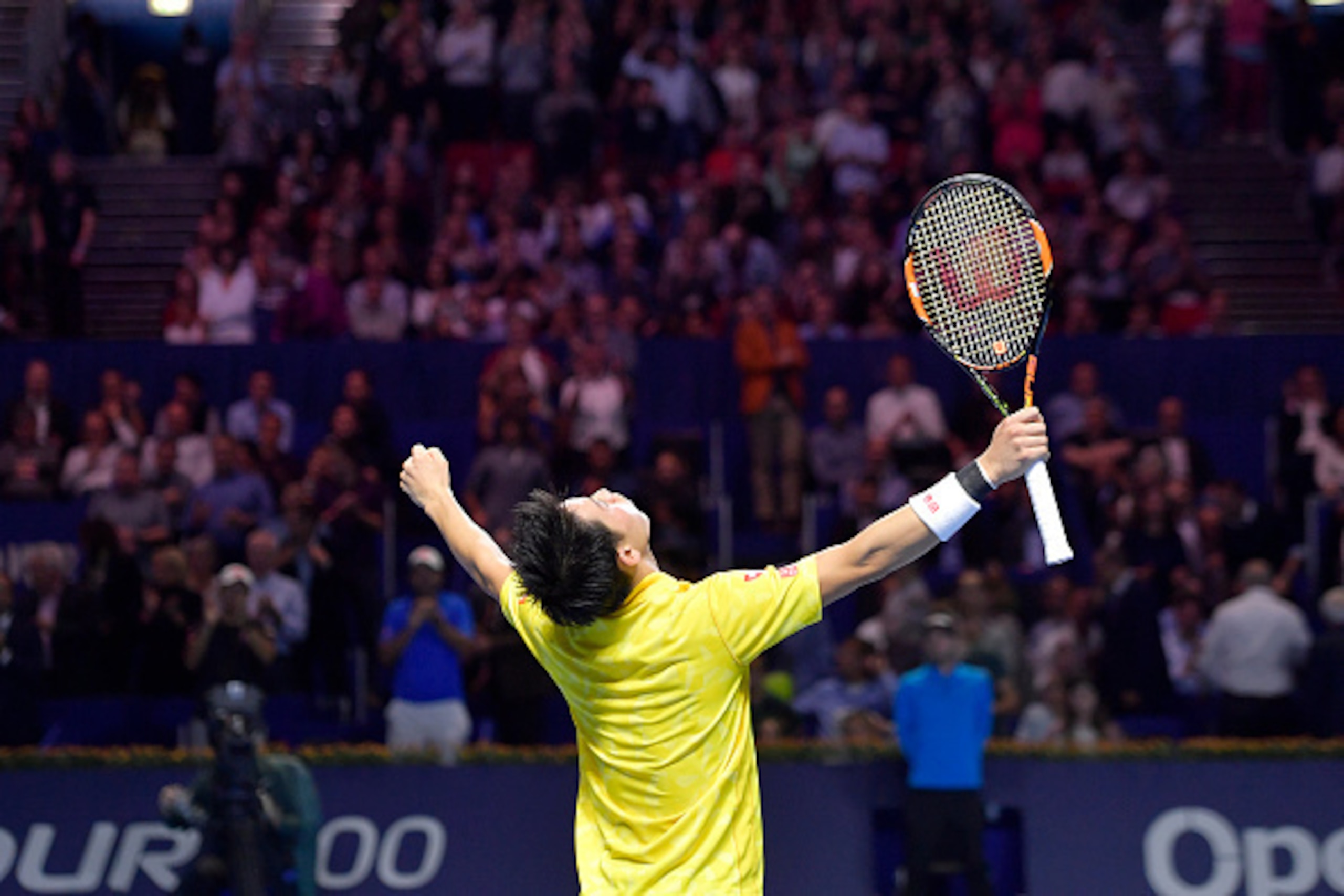 BASEL, SWITZERLAND - OCTOBER 29:  Kei Nishikori of Japan celebrates his victory during the Swiss Indoors ATP 500 tennis tournament semi-final match against Gilles Muller of Luxembourg at St Jakobshalle on October 29, 2016 in Basel, Switzerland.  (Photo by