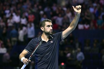Croatia's Marin Cilic celebrates his victory against Germany's Mischa Zverev during their semi final match at the Swiss Indoors ATP 500 tennis tournament on October 29, 2016 in Basel. / AFP / FABRICE COFFRINI        (Photo credit should read FABRICE COFFR
