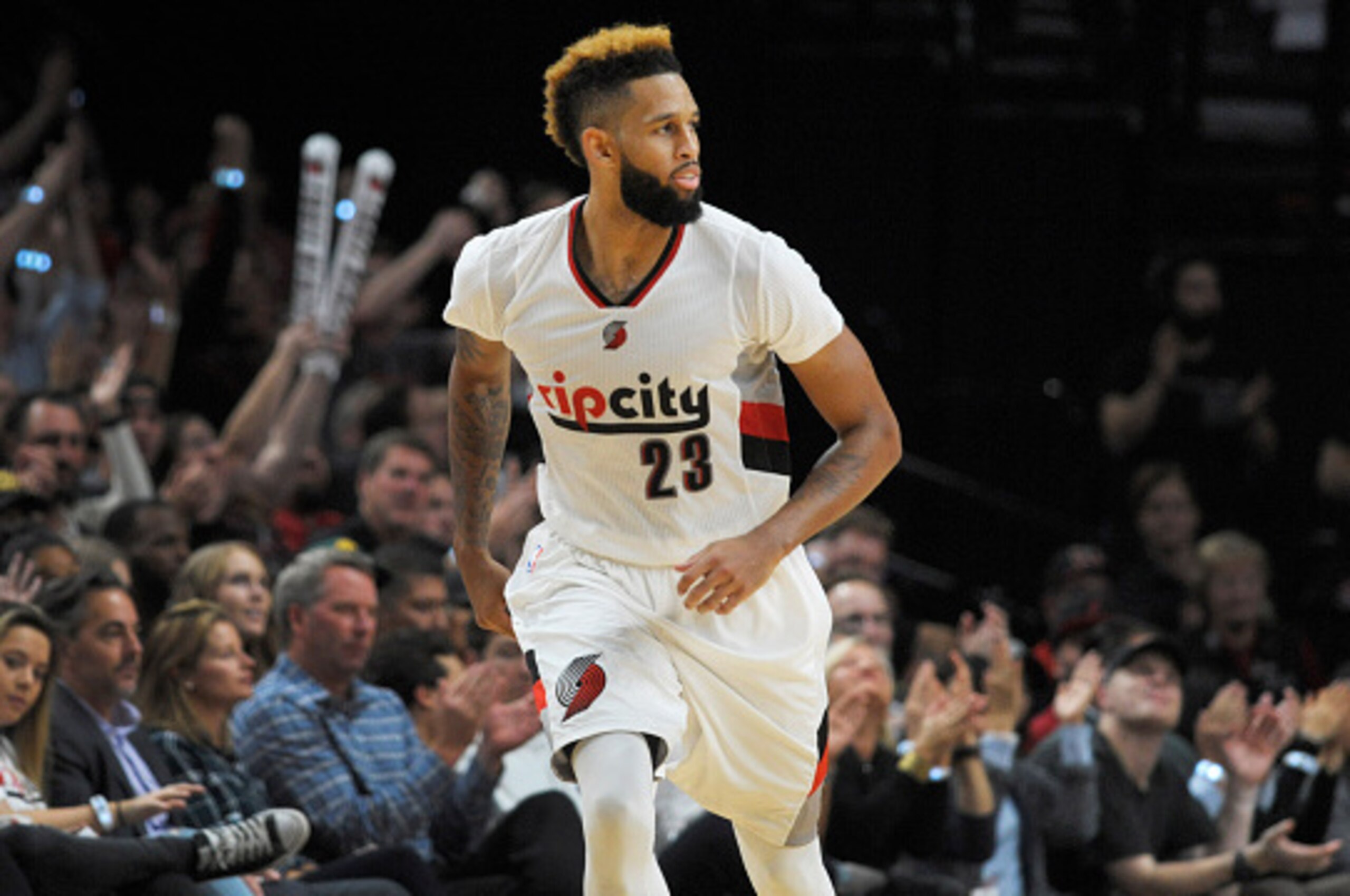 PORTLAND, OR - SEPTEMBER 25: Allen Crabbe #23 of the Portland Trail Blazers heads back up the court after hitting a shot in the fourth quarter of an NBA game against the Utah Jazz at the Moda Center on September 25, 2016 in Portland, Oregon. The Blazers w
