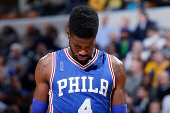 INDIANAPOLIS, IN - MARCH 21: Nerlens Noel #4 of the Philadelphia 76ers reacts against the Indiana Pacers during a game at Bankers Life Fieldhouse on March 21, 2016 in Indianapolis, Indiana. The Pacers defeated the 76ers 91-75. NOTE TO USER: User expressly