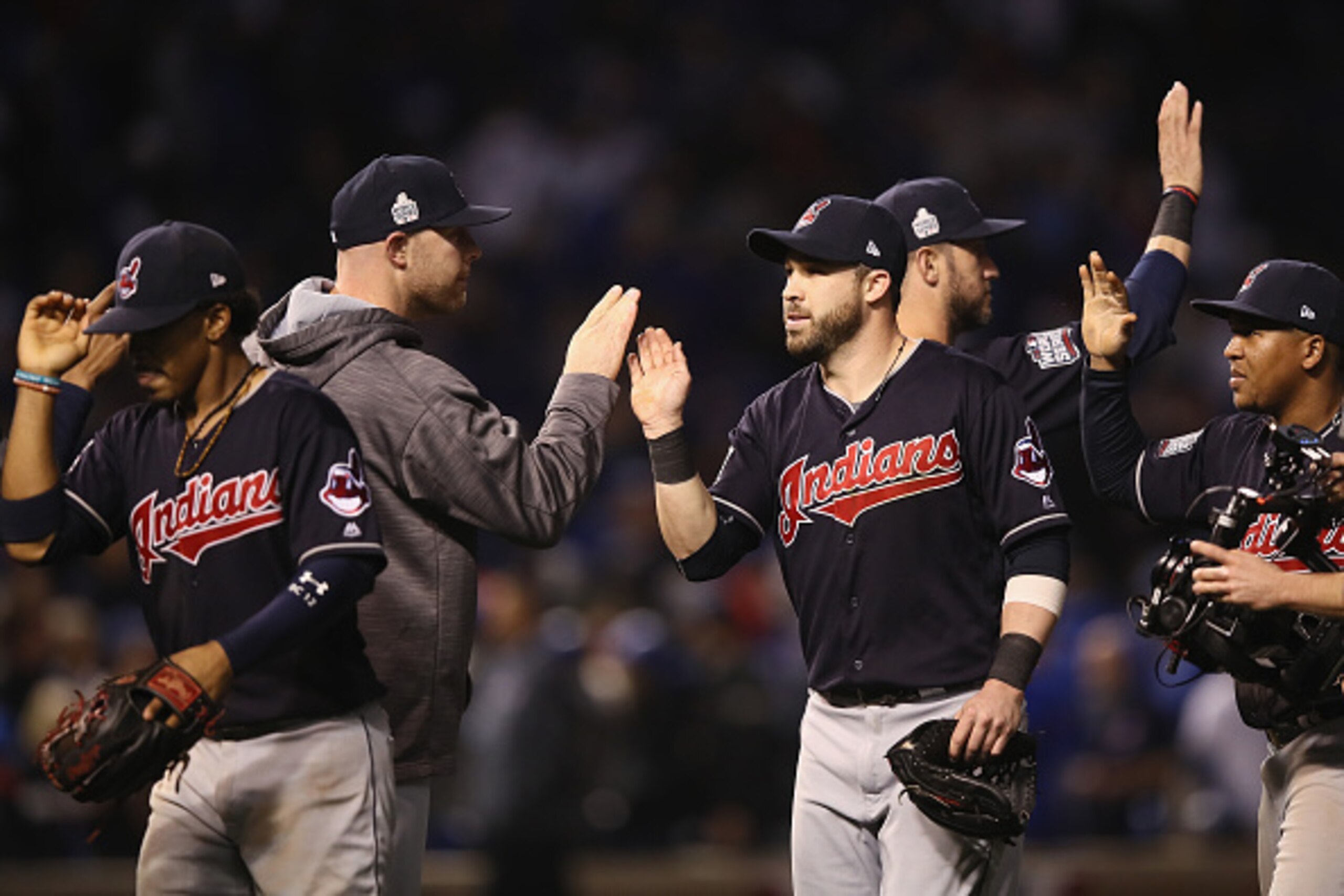 CHICAGO, IL - OCTOBER 29:  The Cleveland Indians celebrate after beating the Chicago Cubs 7-2 in Game Four of the 2016 World Series at Wrigley Field on October 29, 2016 in Chicago, Illinois.  (Photo by Ezra Shaw/Getty Images)