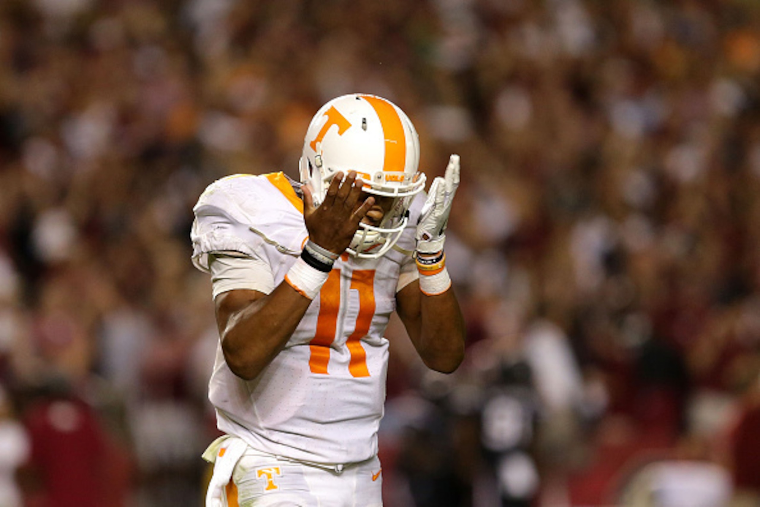 COLUMBIA, SC - OCTOBER 29:  Joshua Dobbs #11 of the Tennessee Volunteers reacts after throwing an interception in the fourth quarter against the South Carolina Gamecocks during their game at Williams-Brice Stadium on October 29, 2016 in Columbia, South Ca