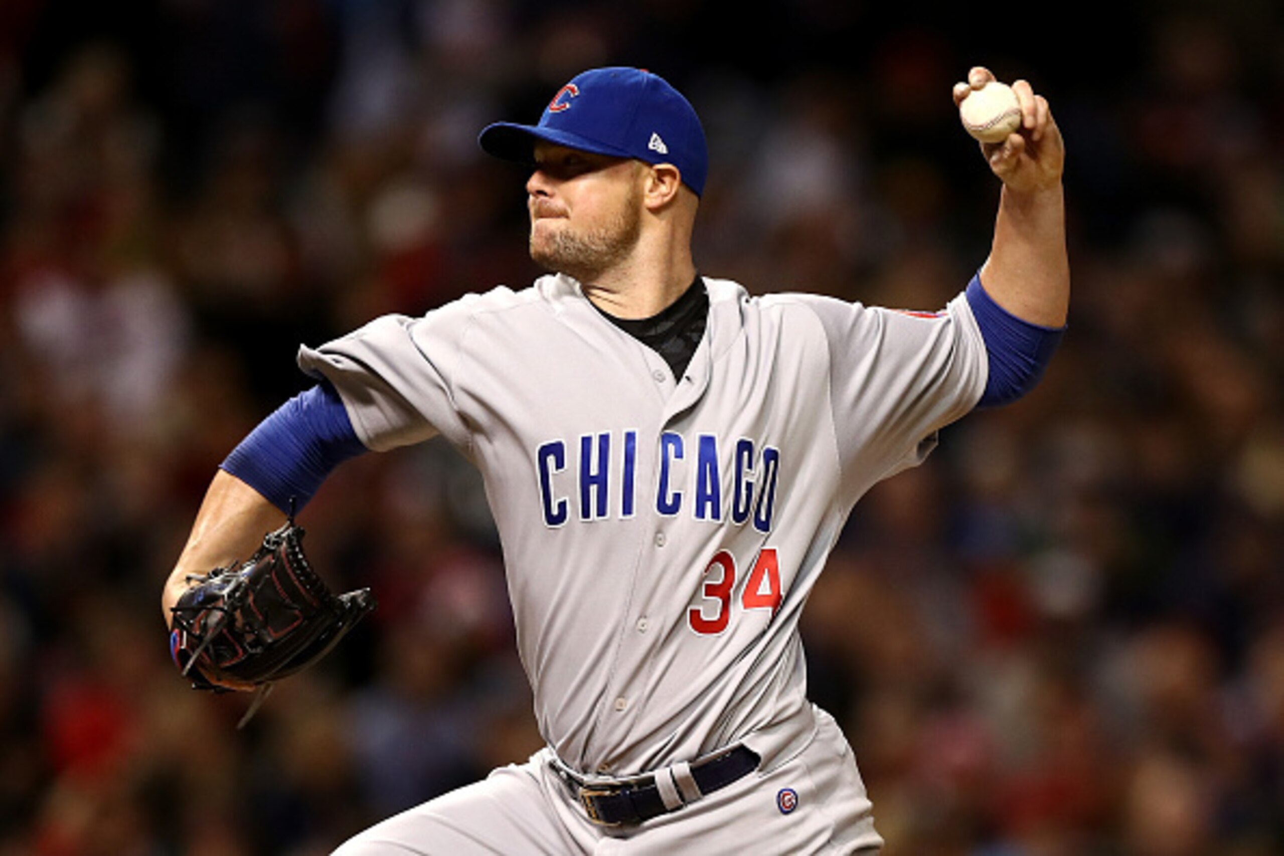 CLEVELAND, OH - OCTOBER 25:  Jon Lester #34 of the Chicago Cubs throws a pitch during the third inning against the Cleveland Indians in Game One of the 2016 World Series at Progressive Field on October 25, 2016 in Cleveland, Ohio.  (Photo by Elsa/Getty Im