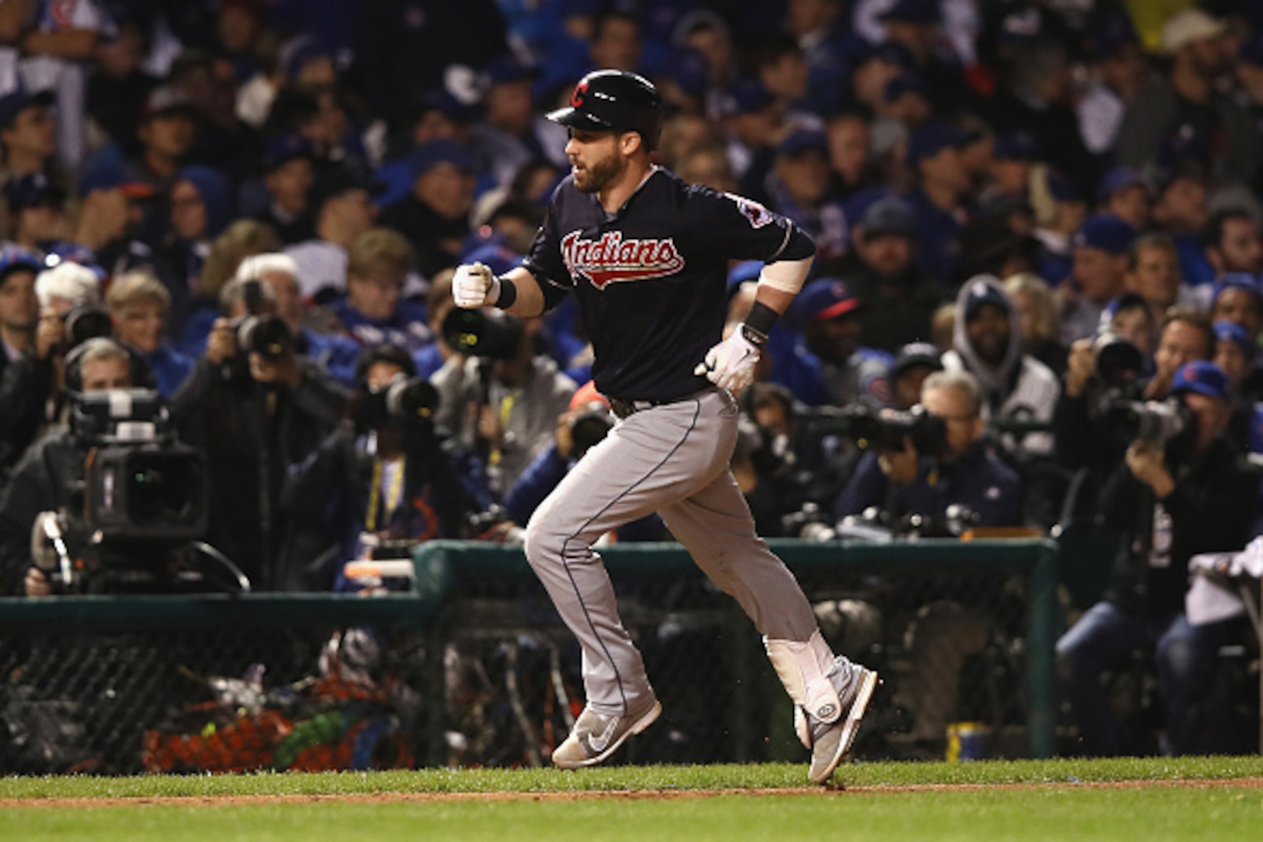 CHICAGO, IL - OCTOBER 29:  Jason Kipnis #22 of the Cleveland Indians rounds the bases after hitting a home run in the seventh inning against the Chicago Cubs in Game Four of the 2016 World Series at Wrigley Field on October 29, 2016 in Chicago, Illinois.