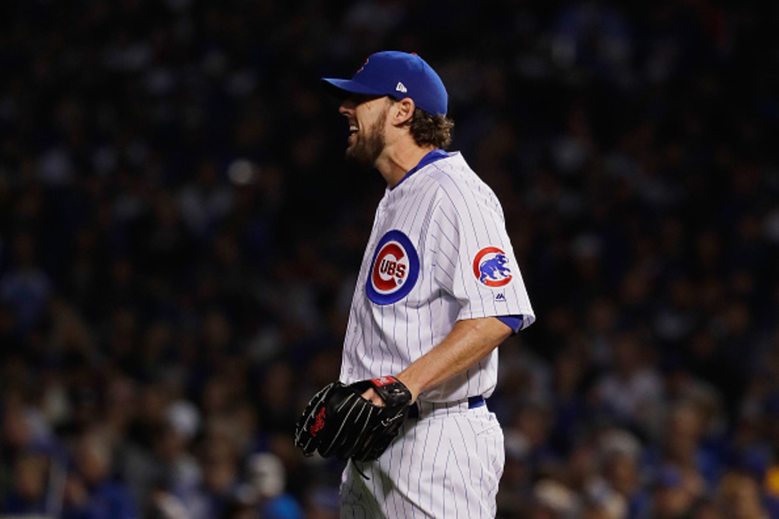 CHICAGO, IL - OCTOBER 29:  John Lackey #41 of the Chicago Cubs reacts in the second inning against the Cleveland Indians in Game Four of the 2016 World Series at Wrigley Field on October 29, 2016 in Chicago, Illinois.  (Photo by Jamie Squire/Getty Images)