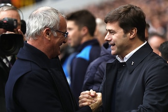 LONDON, ENGLAND - OCTOBER 29: Claudio Ranieri, Manager of Leicester City (L) and Mauricio Pochettino, Manager of Tottenham Hotspur (R) embrace prior to kick off during the Premier League match between Tottenham Hotspur and Leicester City at White Hart Lan