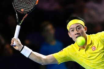Japan's Kei Nishikori eyes a ball during his final match against Croatia's Marin Cilic at the Swiss Indoors ATP 500 tennis tournament on October 30, 2016 in Basel. / AFP / FABRICE COFFRINI        (Photo credit should read FABRICE COFFRINI/AFP/Getty Images