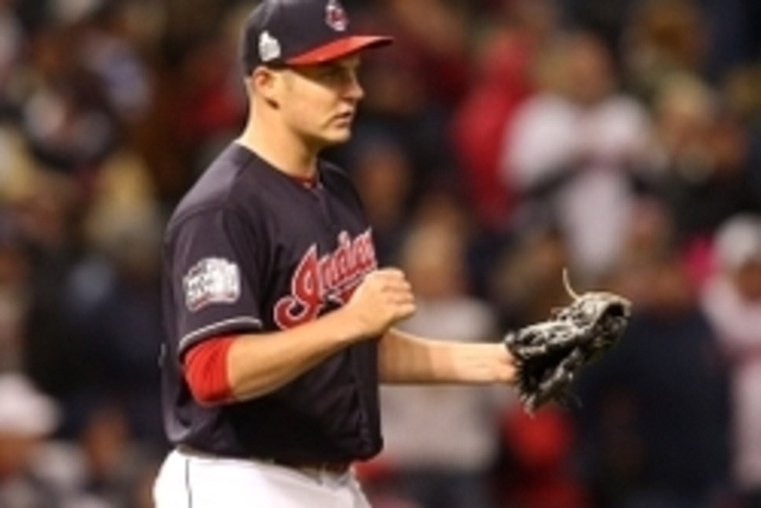 Oct 26, 2016; Cleveland, OH, USA; Cleveland Indians starting pitcher Trevor Bauer reacts after a double play against the Chicago Cubs in the fourth inning in game two of the 2016 World Series at Progressive Field. Mandatory Credit: Charles LeClaire-USA TO