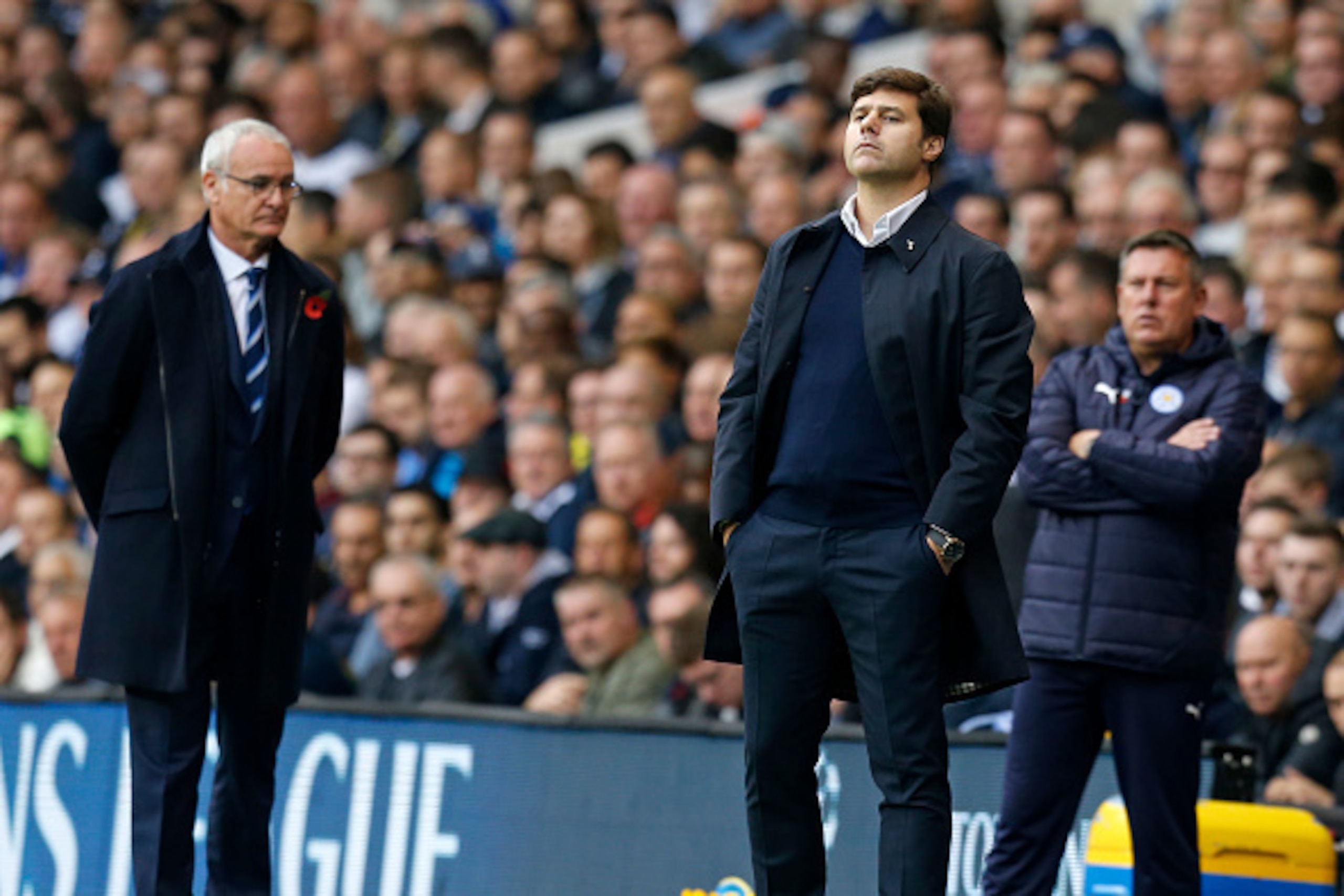 Leicester City's Italian manager Claudio Ranieri (L) and Tottenham Hotspur's Argentinian head coach Mauricio Pochettino gesture on the touchline during the English Premier League football match between Tottenham Hotspur and Leicester City at White Hart La Leicester City's Italian manager Claudio Ranieri (L) and Tottenham Hotspur's Argentinian head coach Mauricio Pochettino gesture on the touchline during the English Premier League football match between Tottenham Hotspur and Leicester City at White Hart La
