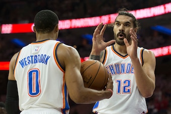 PHILADELPHIA, PA - OCTOBER 26: Steven Adams #12 and Russell Westbrook #0 of the Oklahoma City Thunder react against the Philadelphia 76ers at Wells Fargo Center on October 26, 2016 in Philadelphia, Pennsylvania. NOTE TO USER: User expressly acknowledges a