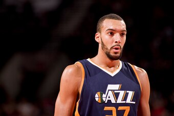 PORTLAND, OR - OCTOBER 3: Rudy Gobert #27 of the Utah Jazz looks on during the game against the Portland Trail Blazers on October 3, 2016 at the Moda Center Arena in Portland, Oregon. NOTE TO USER: User expressly acknowledges and agrees that, by downloadi