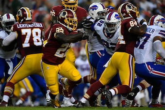 LANDOVER, MD - AUGUST 26:  Running back Robert Kelley #22 of the Washington Redskins runs the ball during the game between the Washington Redskins and the Buffalo Bills at FedExField on August 26, 2016 in Landover, Maryland. The Redskins defeated the Jets
