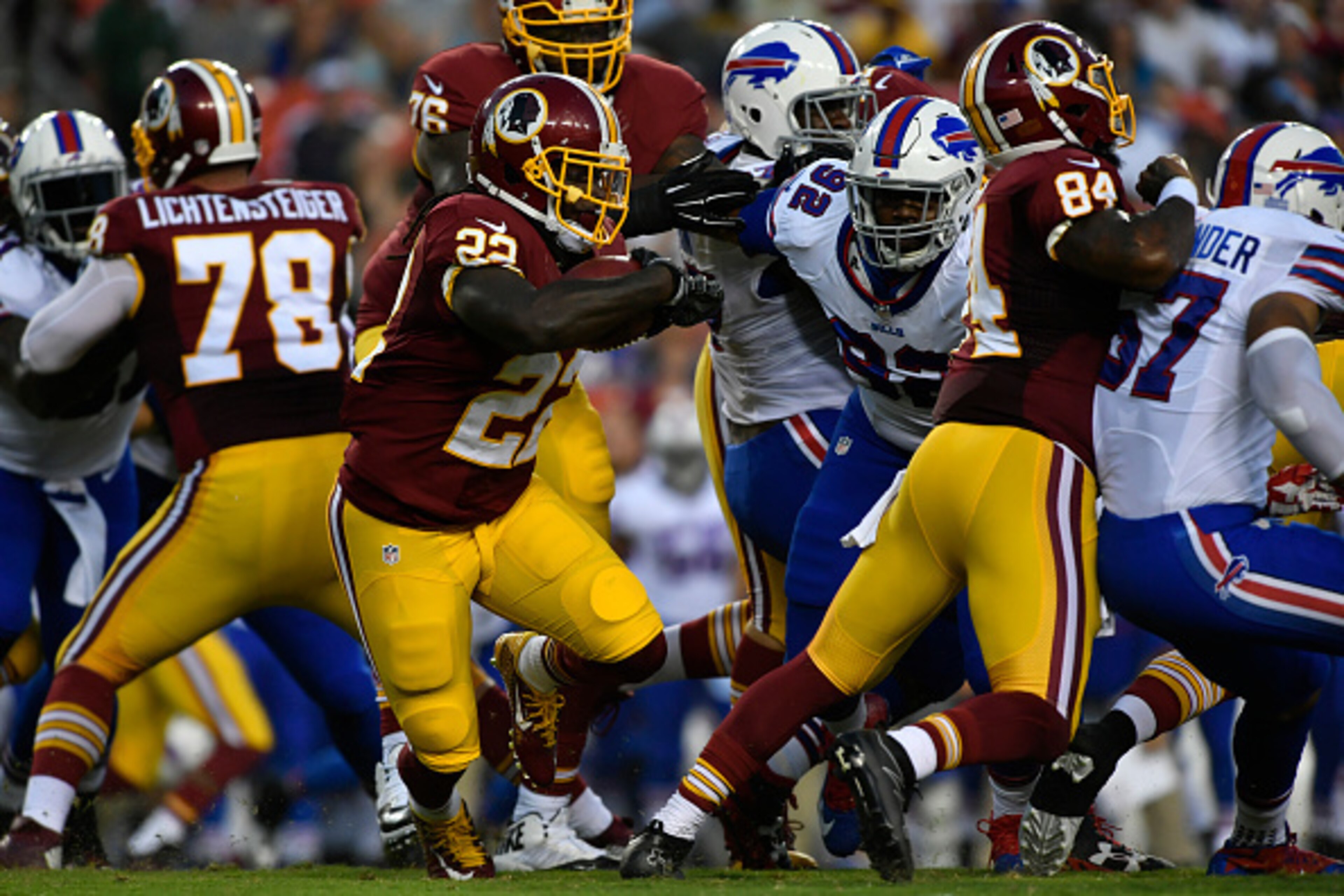 LANDOVER, MD - AUGUST 26:  Running back Robert Kelley #22 of the Washington Redskins runs the ball during the game between the Washington Redskins and the Buffalo Bills at FedExField on August 26, 2016 in Landover, Maryland. The Redskins defeated the Jets