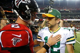ATLANTA, GA - OCTOBER 30:  Matt Ryan #2 of the Atlanta Falcons converses with Aaron Rodgers #12 of the Green Bay Packers after their 33-32 win at Georgia Dome on October 30, 2016 in Atlanta, Georgia.  (Photo by Kevin C. Cox/Getty Images)