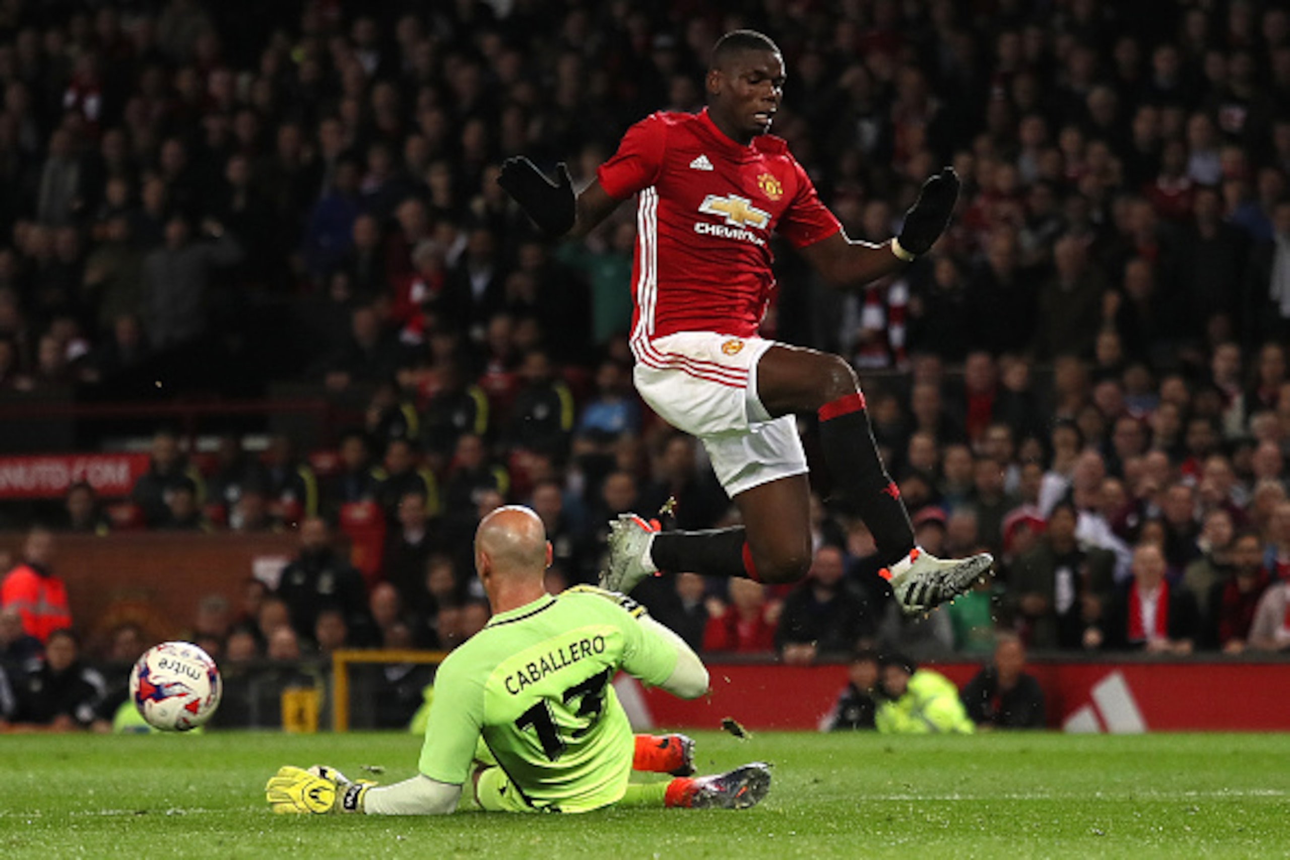 MANCHESTER, ENGLAND - OCTOBER 26: Willy Caballero of Manchester City thwarts the attempt on goal of Paul Pogba of Manchester United during the EFL Cup Fourth Round match between Manchester United and Manchester City at Old Trafford on October 26, 2016 in MANCHESTER, ENGLAND - OCTOBER 26: Willy Caballero of Manchester City thwarts the attempt on goal of Paul Pogba of Manchester United during the EFL Cup Fourth Round match between Manchester United and Manchester City at Old Trafford on October 26, 2016 in