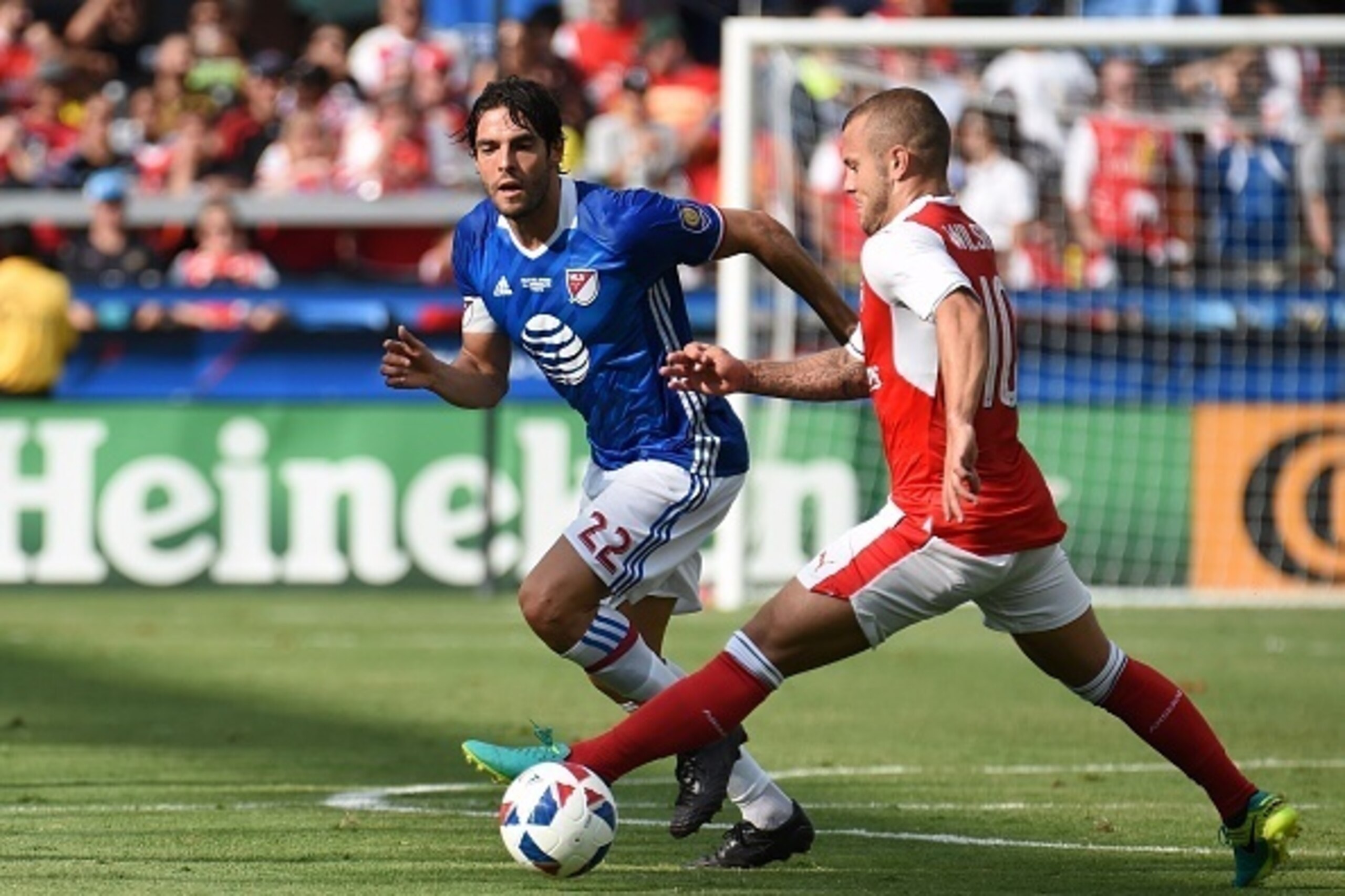 MLS All-Stars mid-fielder Kaka (L) competes for control of the ball with Arsenal mid-fielder Jack Wilshere (R) during an MLS All-Star match at Avaya Stadium in San Jose, California on July 28, 2016. / AFP / JOSH EDELSON        (Photo credit should read JO