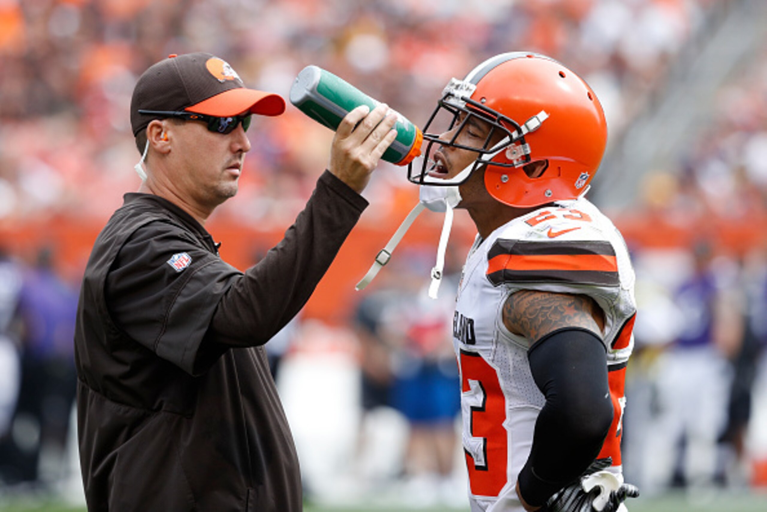 CLEVELAND, OH - SEPTEMBER 18: Joe Haden #23 of the Cleveland Browns gets a drink of Gatorade during a timeout in the game against the Baltimore Ravens at FirstEnergy Stadium on September 18, 2016 in Cleveland, Ohio. The Ravens defeated the Browns 25-20. (