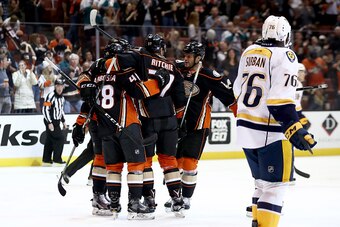 ANAHEIM, CA - OCTOBER 26:  Nick Ritchie #37 is congratulated by Michael Sgarbossa #48 and Andrew Cogliano #7 of the Anaheim Ducks after scoring a goal as P.K. Subban #76 of the Nashville Predators looks on during the first period of a game against the Nas