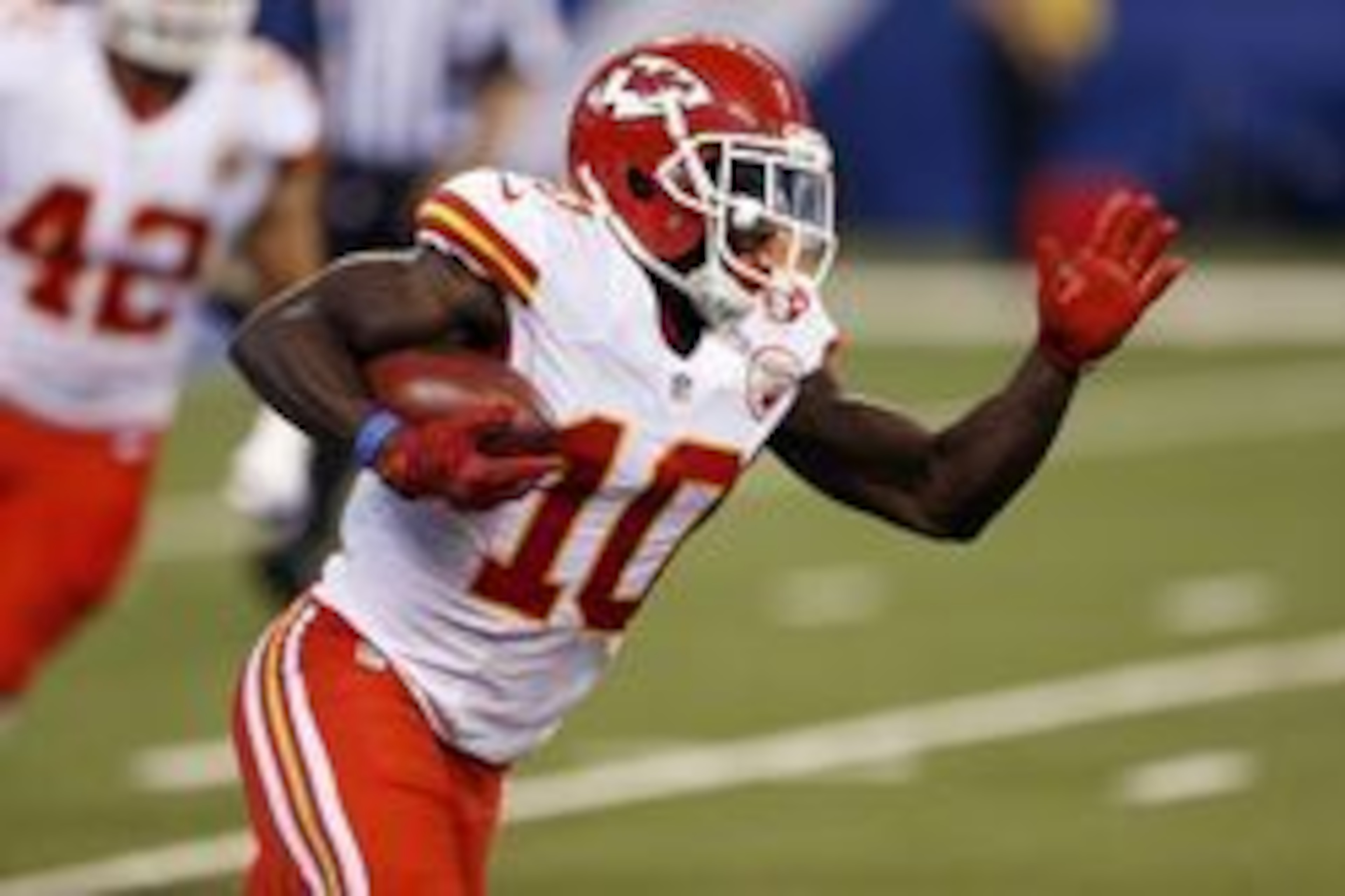 Oct 30, 2016; Indianapolis, IN, USA; Kansas City Chiefs wide receiver Tyreek Hill (10) runs with the ball against the Indianapolis Colts at Lucas Oil Stadium. Mandatory Credit: Brian Spurlock-USA TODAY Sports