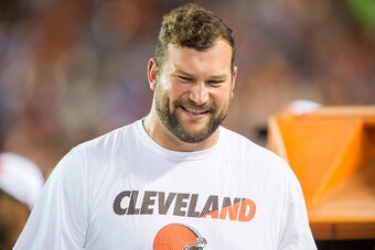 CLEVELAND, OH - AUGUST 13: Tackle Joe Thomas #73 of the Cleveland Browns on the sidelines during the second half against the Washington Redskins at FirstEnergy Stadium on August 13, 2015 in Cleveland, Ohio. The Redskins defeated the Browns 20-17. (Photo b