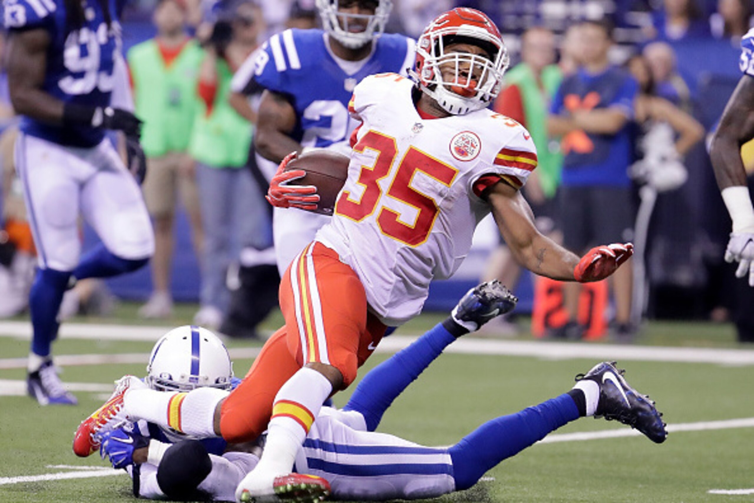 INDIANAPOLIS, IN - OCTOBER 30:  Charcandrick West #35 of the Kansas City Chiefs runs with the ball during the third quarter of the game against the Indianapolis Colts at Lucas Oil Stadium on October 30, 2016 in Indianapolis, Indiana.  (Photo by Andy Lyons
