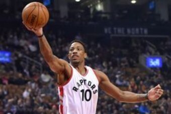 Oct 31, 2016; Toronto, Ontario, CAN; Toronto Raptors guard DeMar DeRozan (10) goes up for a rebound against the Denver Nuggets in the first half at Air Canada Centre. Mandatory Credit: Dan Hamilton-USA TODAY Sports