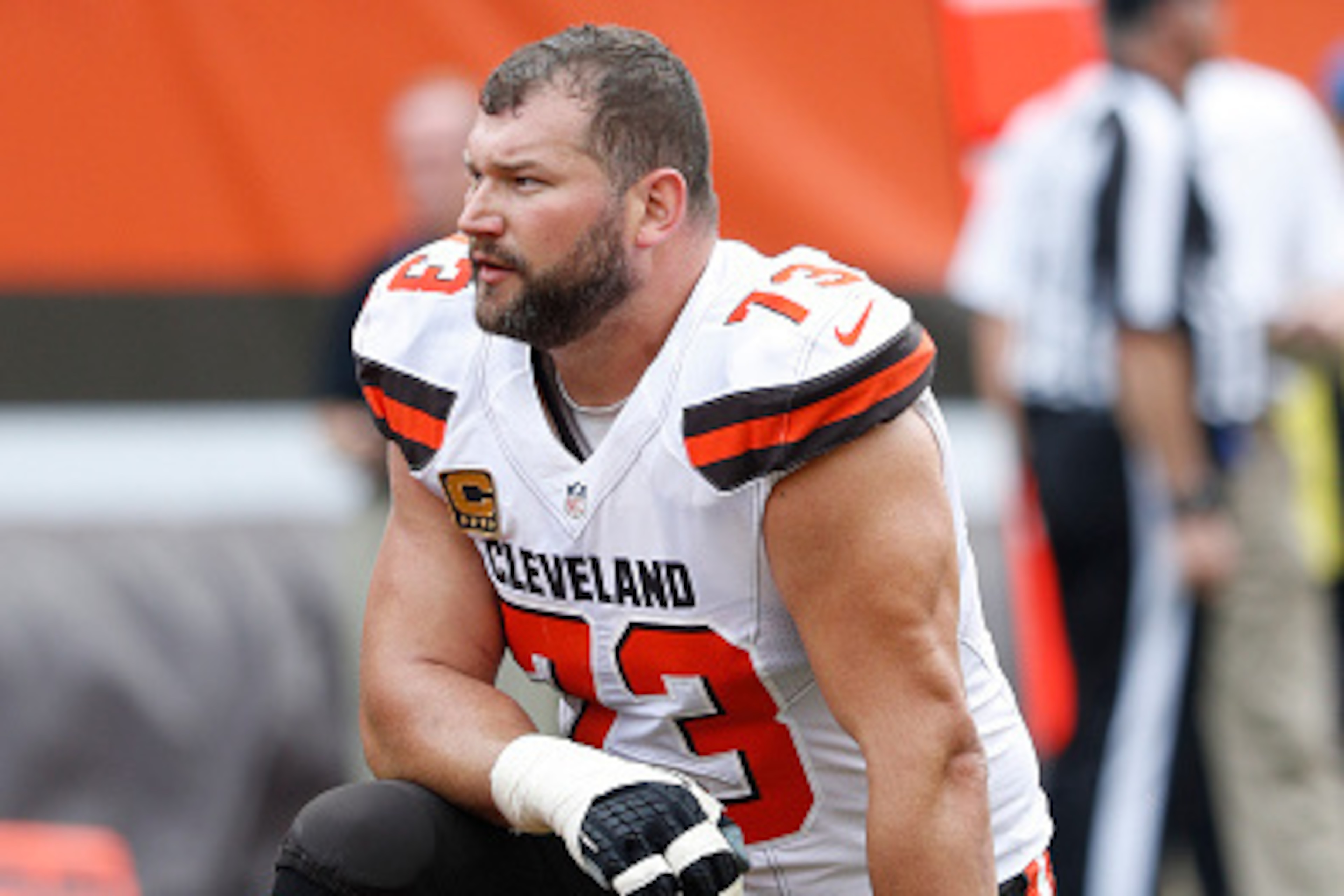 CLEVELAND, OH - SEPTEMBER 18: Joe Thomas #73 of the Cleveland Browns looks on against the Baltimore Ravens during the game at FirstEnergy Stadium on September 18, 2016 in Cleveland, Ohio. The Ravens defeated the Browns 25-20. (Photo by Joe Robbins/Getty I