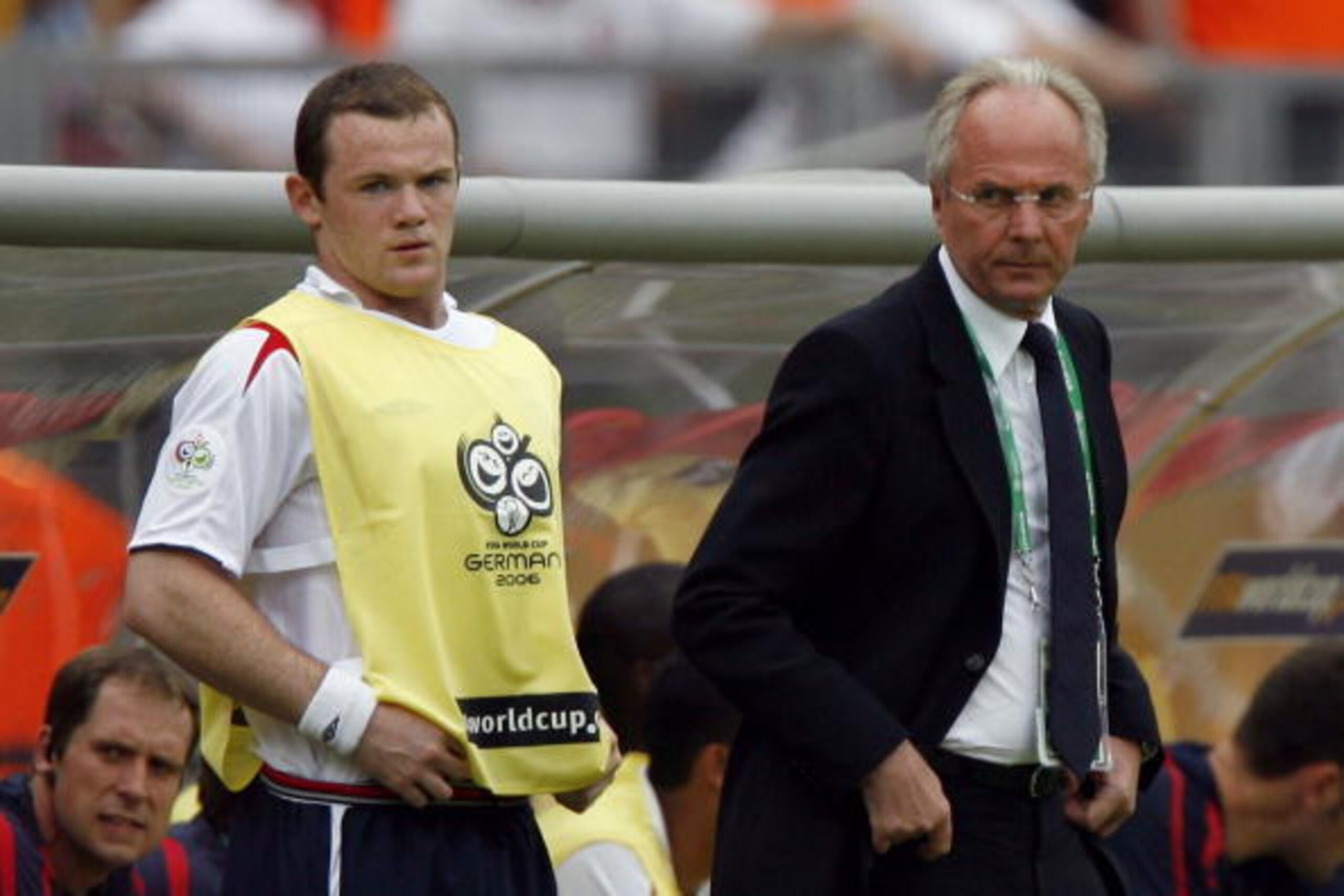 NUREMBERG, GERMANY - JUNE 15:  Sven Goran Eriksson (R) the coach of England, looks at Wayne Rooney (L) of England, as he prepares to make his first appearance of the World Cup, by coming on as a second half substitute for Michael Owen during the FIFA Worl