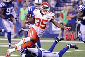 INDIANAPOLIS, IN - OCTOBER 30:  Charcandrick West #35 of the Kansas City Chiefs runs with the ball during the third quarter of the game against the Indianapolis Colts at Lucas Oil Stadium on October 30, 2016 in Indianapolis, Indiana.  (Photo by Andy Lyons