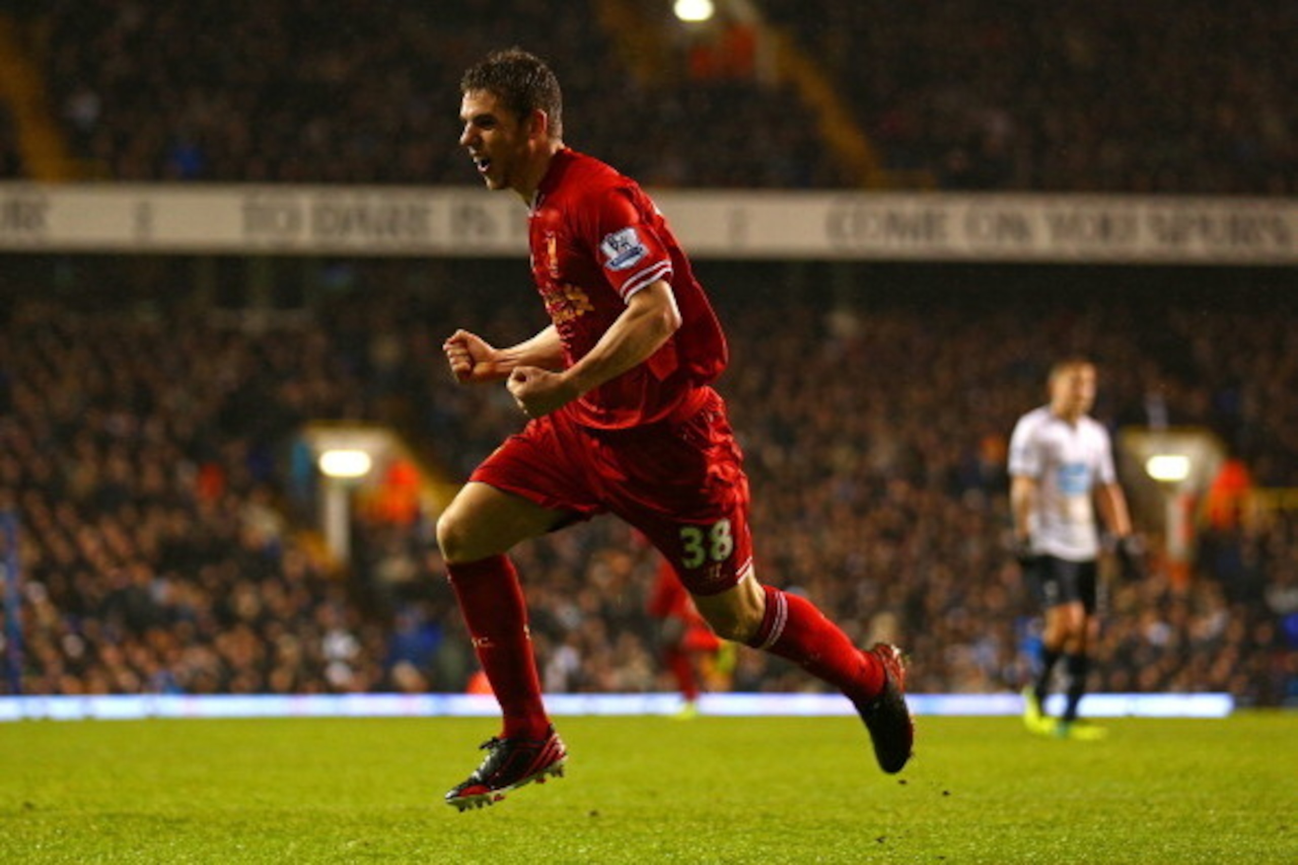 LONDON, ENGLAND - DECEMBER 15:  Jon Flanagan of Liverpool celebrates scoring their third goal during the Barclays Premier League match between Tottenham Hotspur and Liverpool at White Hart Lane on December 15, 2013 in London, England.  (Photo by Paul Gilh