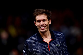 PARIS, FRANCE - NOVEMBER 01:  Nicolas Mahut of France smiles during his men's singles first round match against Martin Klizan of Slovakia on day two of the BNP Paribas Masters at Palais Omnisports de Bercy on November 1, 2016 in Paris, France.  (Photo by 