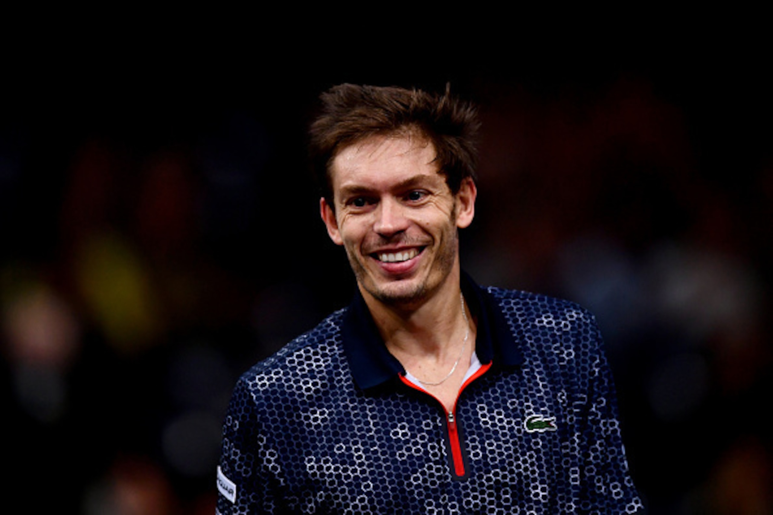PARIS, FRANCE - NOVEMBER 01:  Nicolas Mahut of France smiles during his men's singles first round match against Martin Klizan of Slovakia on day two of the BNP Paribas Masters at Palais Omnisports de Bercy on November 1, 2016 in Paris, France.  (Photo by 