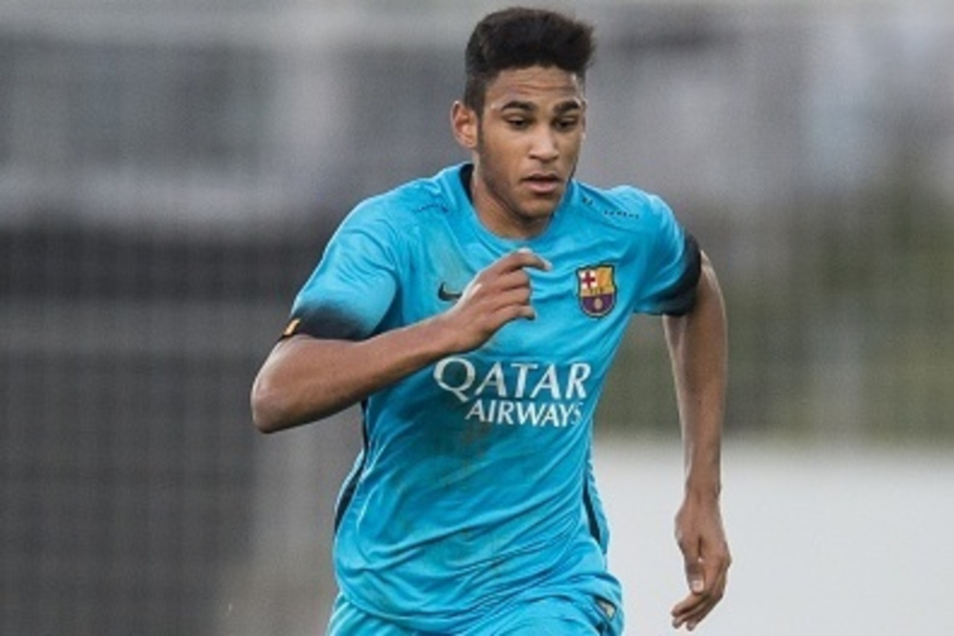 Jordi Mboula of FC Barcelona U19 during the UEFA Youth League match between Bayer 04 Leverkusen U19 and Barcelona U19 on December 9, 2015 at Leverkusen, Germany.(Photo by VI Images via Getty Images)