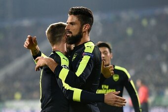 Arsenal's French forward Olivier Giroud celebrates after scoring a goal during the UEFA Champions League Group A football match between PFC Ludogorets and Arsenal, on November 1, 2016 at the Vassil Levski stadium in Sofia.  / AFP / DIMITAR DILKOFF        