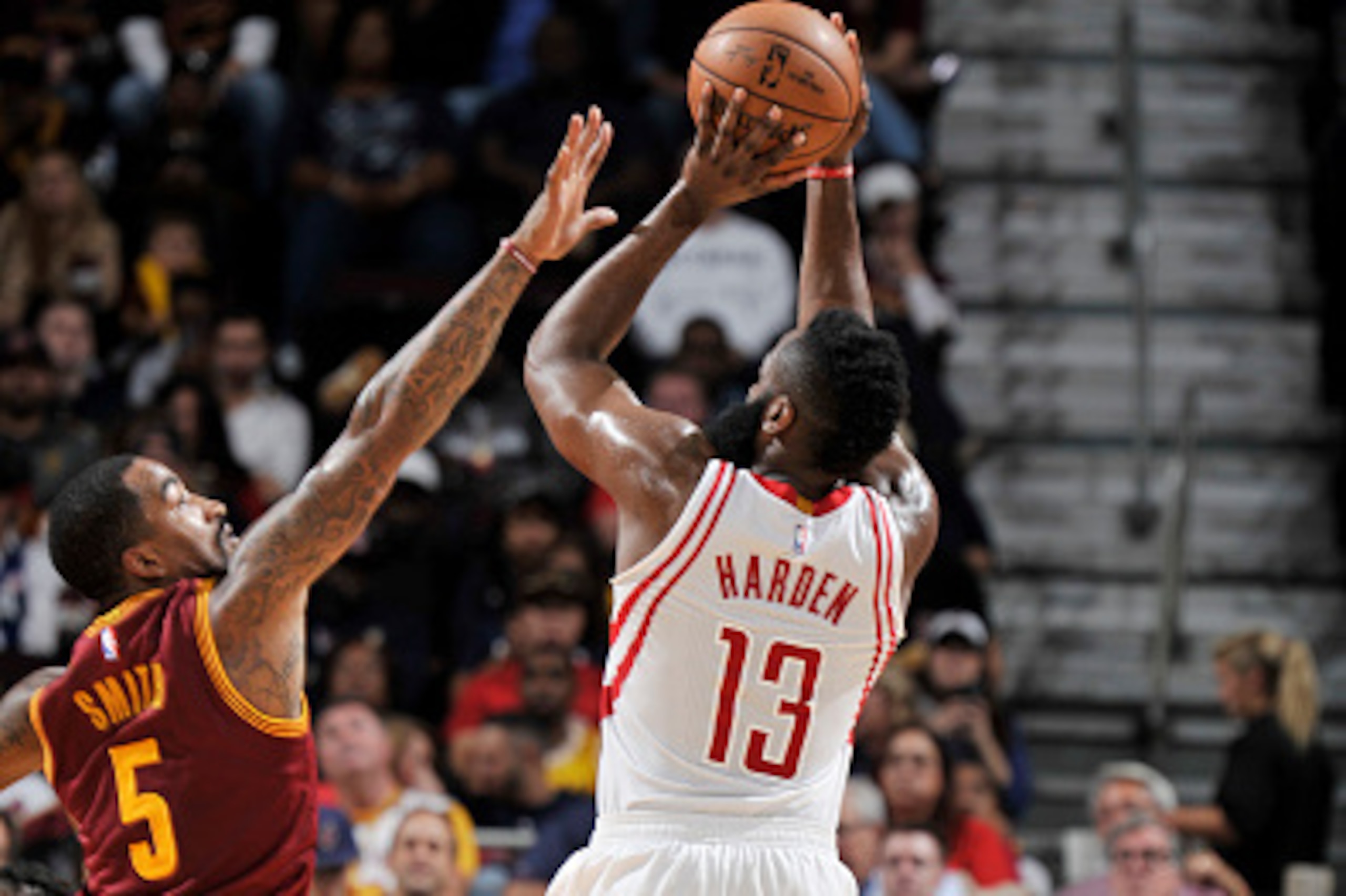 CLEVELAND, OH - NOVEMBER 1: James Harden #13 of the Houston Rockets shoots the ball against the Cleveland Cavaliers on November 1, 2016 at Quicken Loans Arena in Cleveland, Ohio. NOTE TO USER: User expressly acknowledges and agrees that, by downloading a CLEVELAND, OH - NOVEMBER 1: James Harden #13 of the Houston Rockets shoots the ball against the Cleveland Cavaliers on November 1, 2016 at Quicken Loans Arena in Cleveland, Ohio. NOTE TO USER: User expressly acknowledges and agrees that, by downloading a