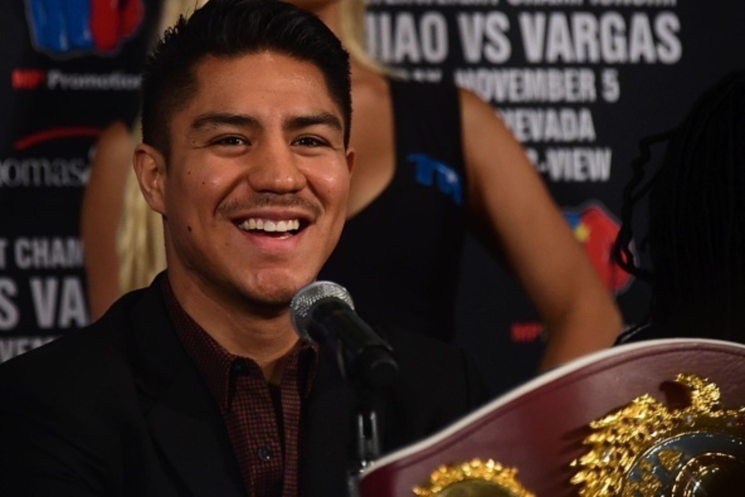 Boxer Jessie Vargas reacts at a press conference in Beverly Hills, California on September 8, 2016, announcing the fight between Manny Pacquiao and Jessie Vargas on November 5th. / AFP / Frederic J. BROWN        (Photo credit should read FREDERIC J. BROWN