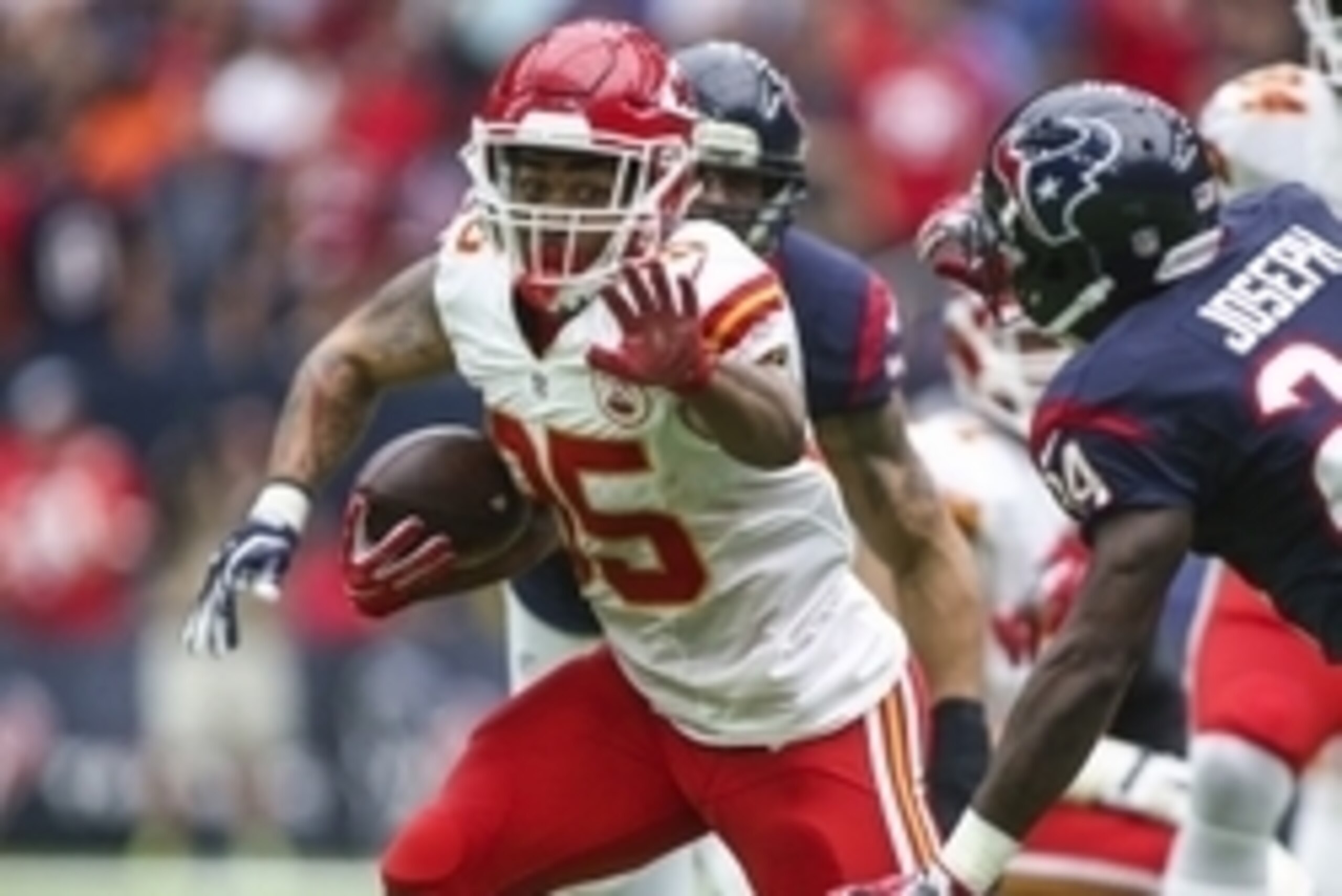 Sep 18, 2016; Houston, TX, USA; Kansas City Chiefs running back Charcandrick West (35) runs with the ball during the second quarter against the Houston Texans at NRG Stadium. Mandatory Credit: Troy Taormina-USA TODAY Sports