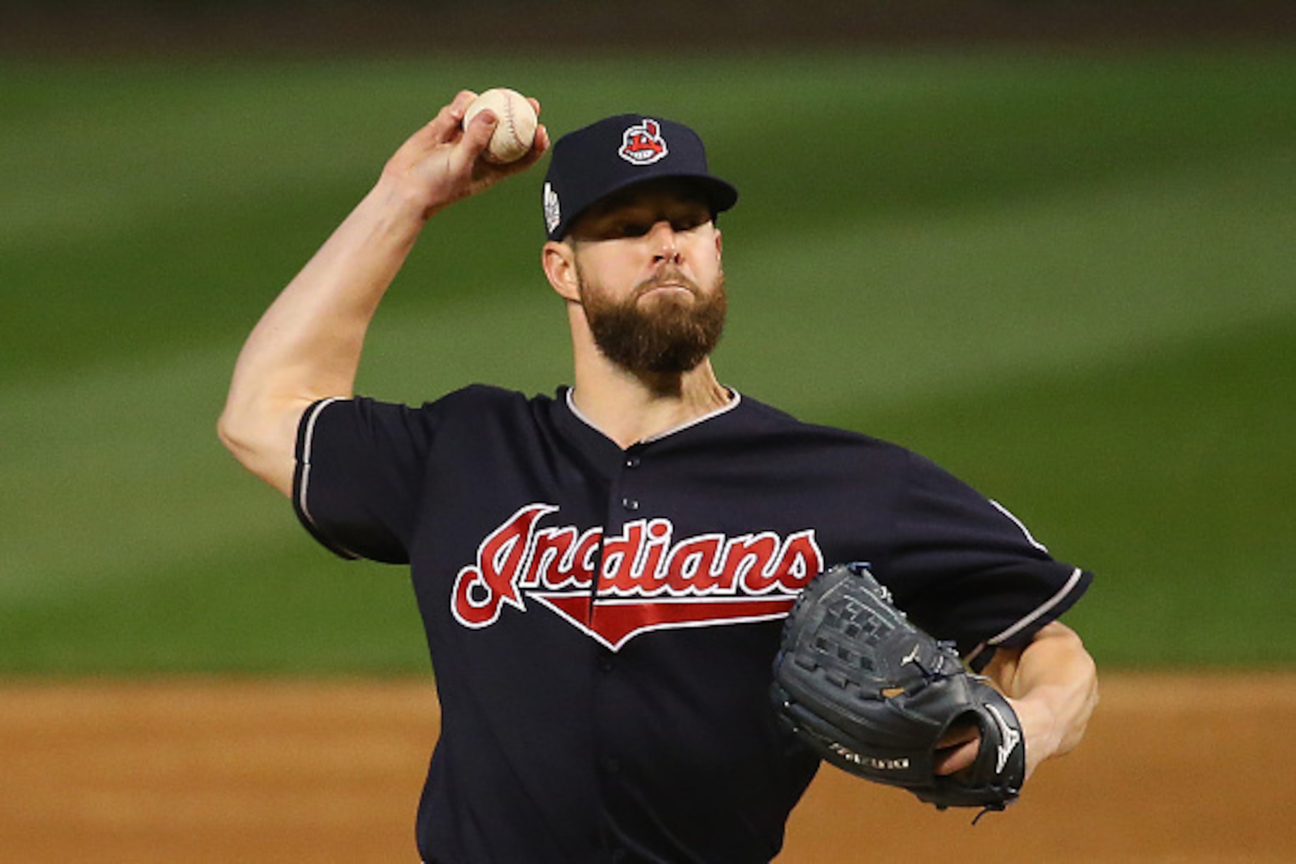 CHICAGO, IL - OCTOBER 29:  Corey Kluber #28 of the Cleveland Indians pitches in the first inning against the Chicago Cubs in Game Four of the 2016 World Series at Wrigley Field on October 29, 2016 in Chicago, Illinois.  (Photo by Jerry Lai - Pool/Getty Im