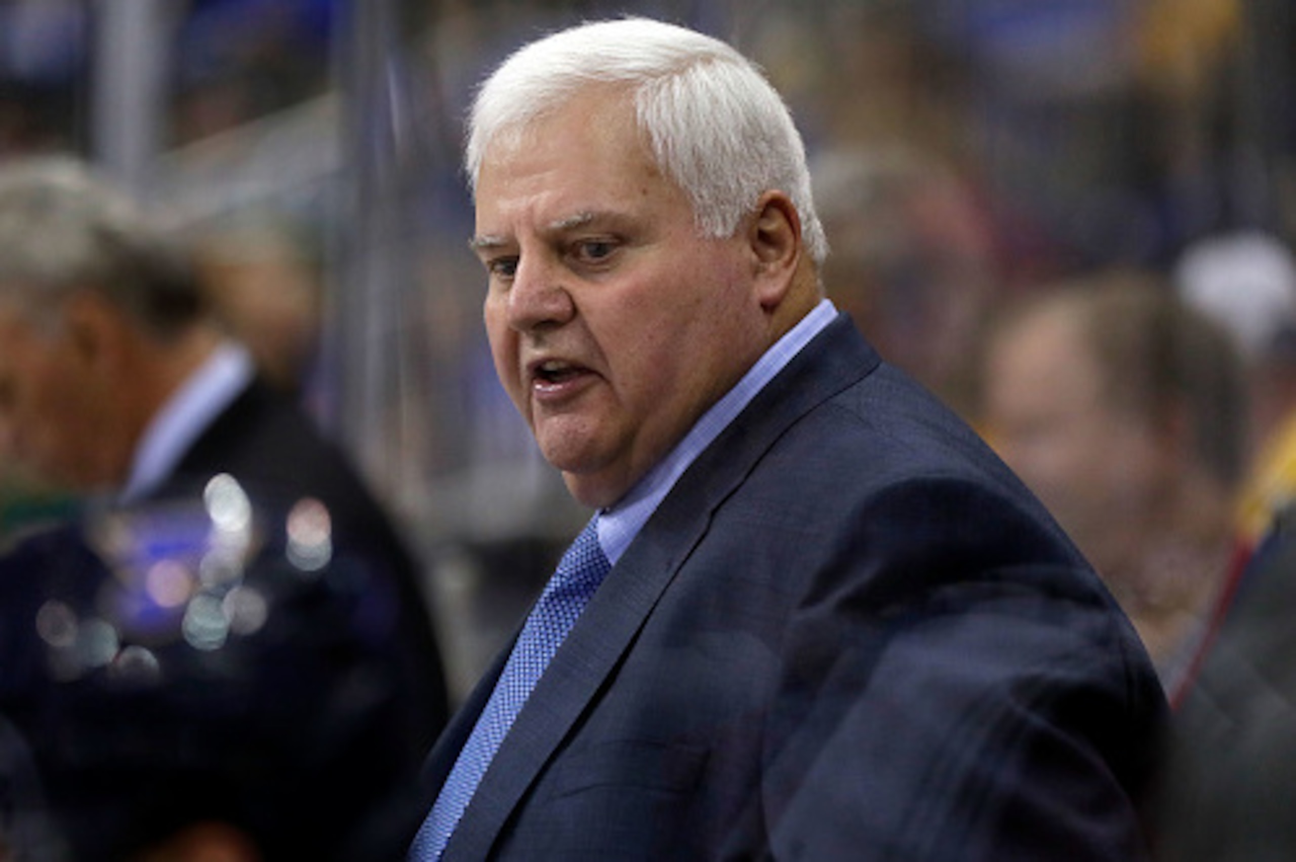 KANSAS CITY, MO - OCTOBER 05:  Head coach Ken Hitchcock of the St. Louis Blues watches from the bench during the preseason game against Washington Capitals at Sprint Center on October 5, 2016 in Kansas City, Missouri.  (Photo by Jamie Squire/Getty Images)