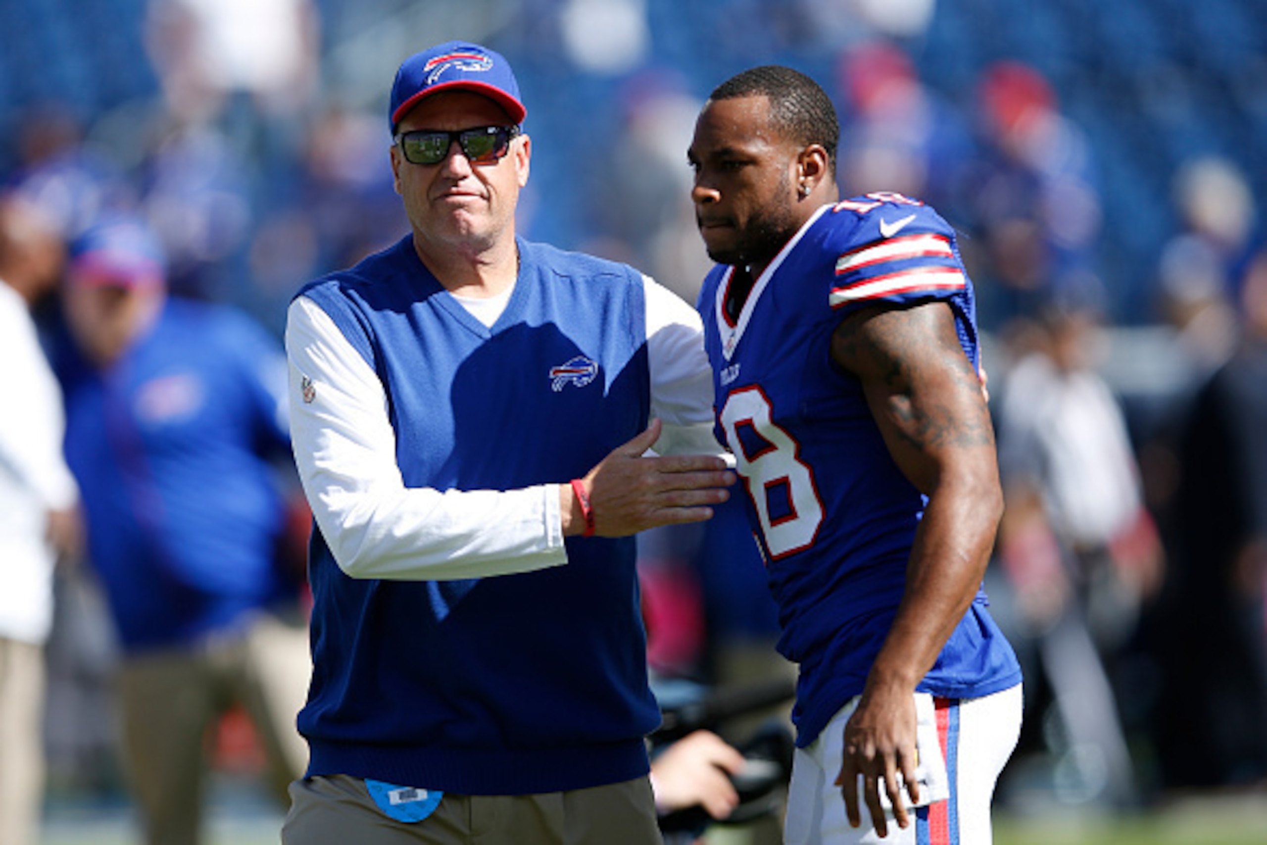 NASHVILLE, TN - OCTOBER 11: Head coach Rex Ryan of the Buffalo Bills talks to Percy Harvin #18 during a game against the Tennessee Titans at Nissan Stadium on October 11, 2015 in Nashville, Tennessee. The Bills defeated the Titans 14-13. (Photo by Joe Rob