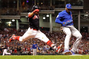 CLEVELAND, OH - NOVEMBER 01:  Aroldis Chapman #54 of the Chicago Cubs forces out Francisco Lindor #12 of the Cleveland Indians at first base to end the seventh inning in Game Six of the 2016 World Series at Progressive Field on November 1, 2016 in Clevela