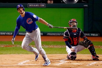 CLEVELAND, OH - NOVEMBER 01:  Kris Bryant #17 of the Chicago Cubs hits a solo home run during the first inning against Josh Tomlin #43 of the Cleveland Indians in Game Six of the 2016 World Series at Progressive Field on November 1, 2016 in Cleveland, Ohi