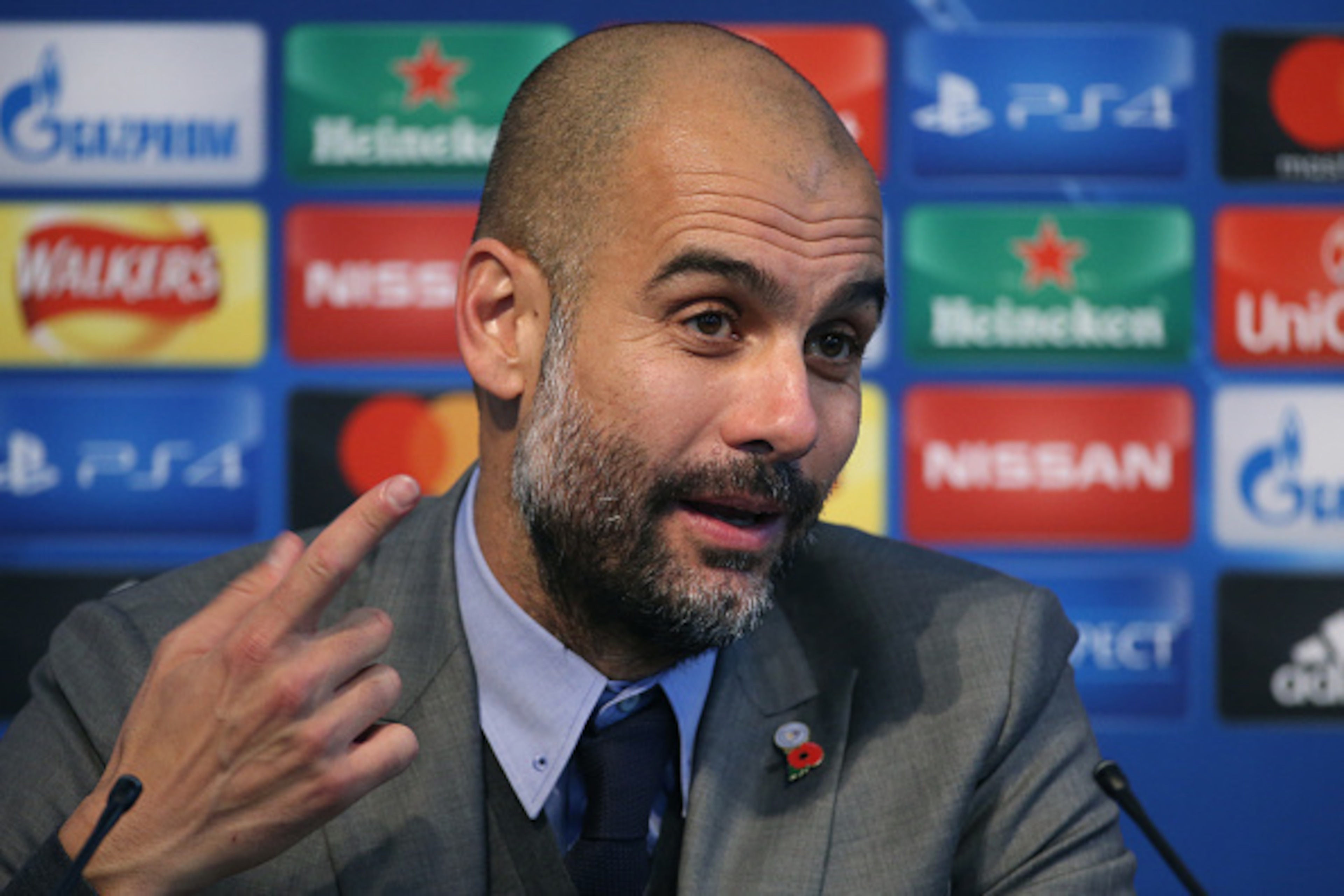 MANCHESTER, ENGLAND - NOVEMBER 1: Coach of Manchester City Pep Guardiola answers to the media following the UEFA Champions League match between Manchester City FC and FC Barcelona at Etihad Stadium on November 1, 2016 in Manchester, England. (Photo by Jea