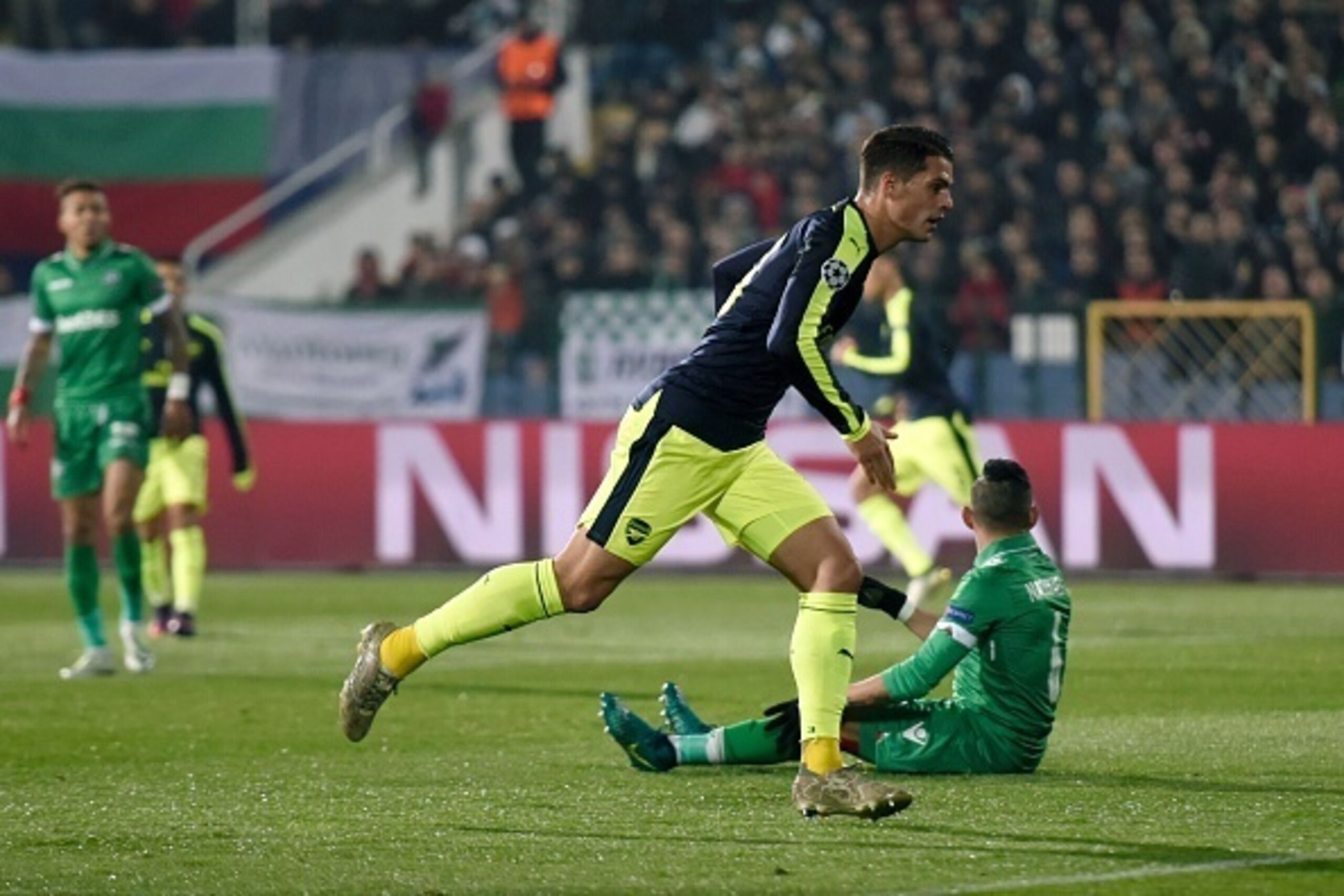 Ludogorets' Swiss midfielder Granit Xhaka celebrates after scoring a goal during the UEFA Champions League Group A football match between PFC Ludogorets and Arsenal, on November 1, 2016 at the Vassil Levski stadium in Sofia.  / AFP / DIMITAR DILKOFF      