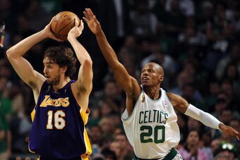 Boston Celtics' Ray Allen (R) defends against Los Angeles Lakers' Pau Gasol during Game 6 of the 2008 NBA Finals in Boston, Massachusetts, June 17, 2008. The Boston Celtics captured the National Basketball Association championship, routing the Los Angeles
