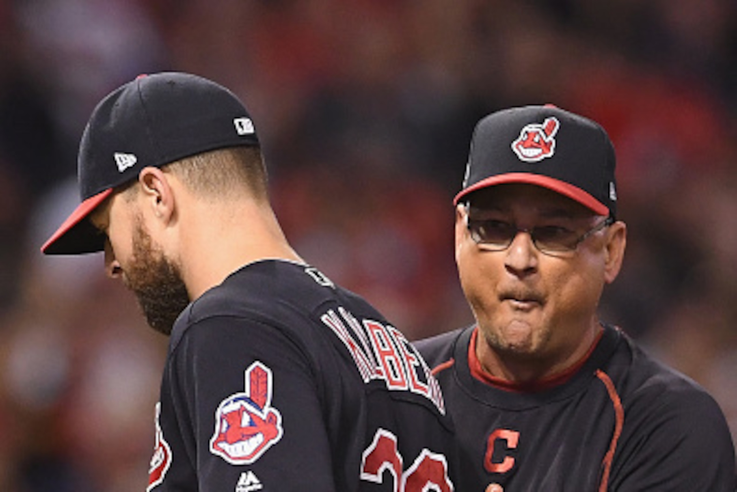 CLEVELAND, OH - OCTOBER 07:  Manager Terry Francona of the Cleveland Indians relieves Corey Kluber #28 in the eighth inning against the Boston Red Sox during game two of the American League Divison Series at Progressive Field on October 7, 2016 in Clevela