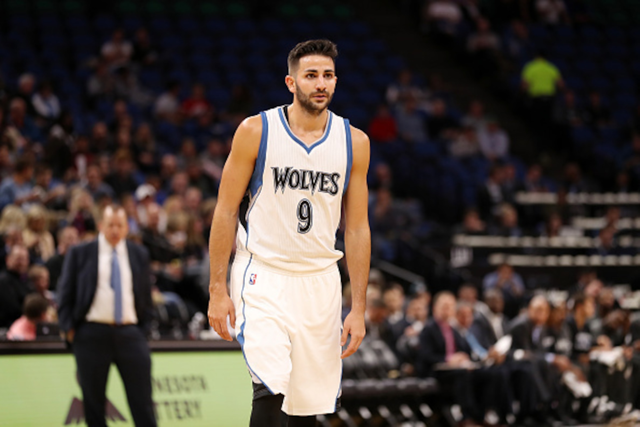 MINNEAPOLIS, MN - OCTOBER 21: Ricky Rubio #9 of the Minnesota Timberwolves is seen during the game against the Charlotte Hornets on October 21, 2016 at Target Center in Minneapolis, Minnesota. NOTE TO USER: User expressly acknowledges and agrees that, by